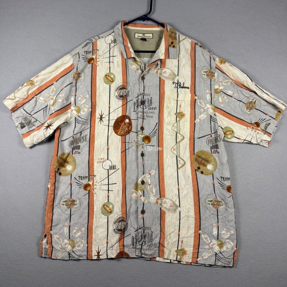 Tommy Bahama Bowling Print Silk Camp Shirt XL Pinhead Classic Striped